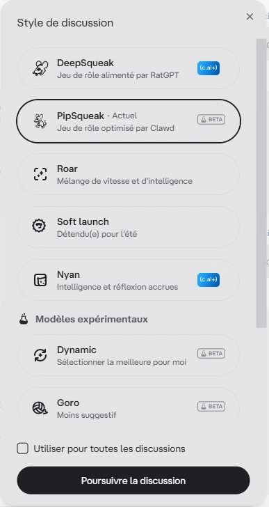 Recensione Character AI — selezione del motore LLM nei parametri