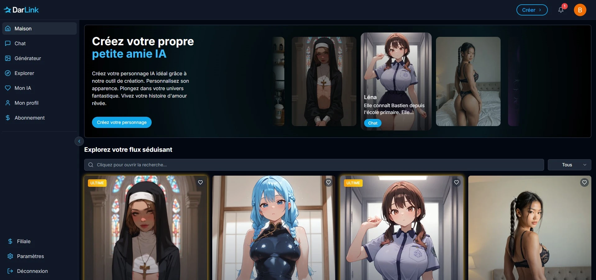 Recensione DarLink AI — interfaccia di accoglienza e galleria personaggi Hentai