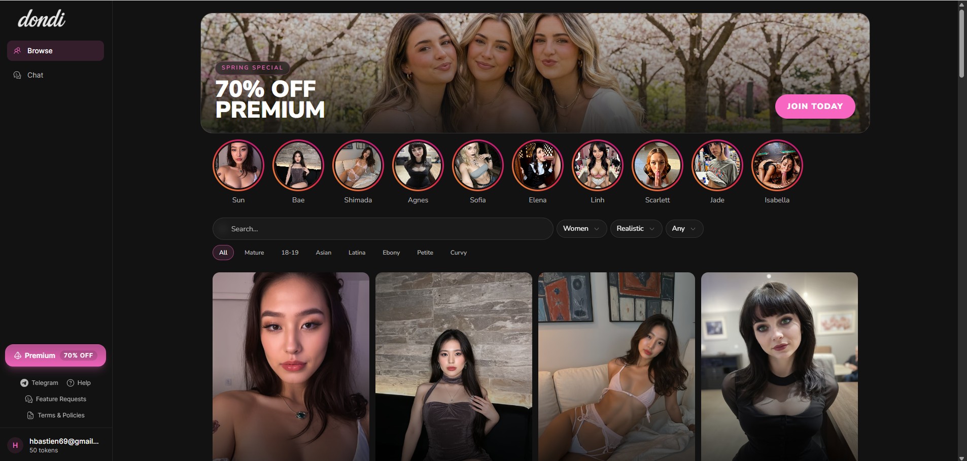 Recensione Dondi.ai — pagina Browse con catalogo personaggi, banner Spring Special 70% OFF, filtri per etnia