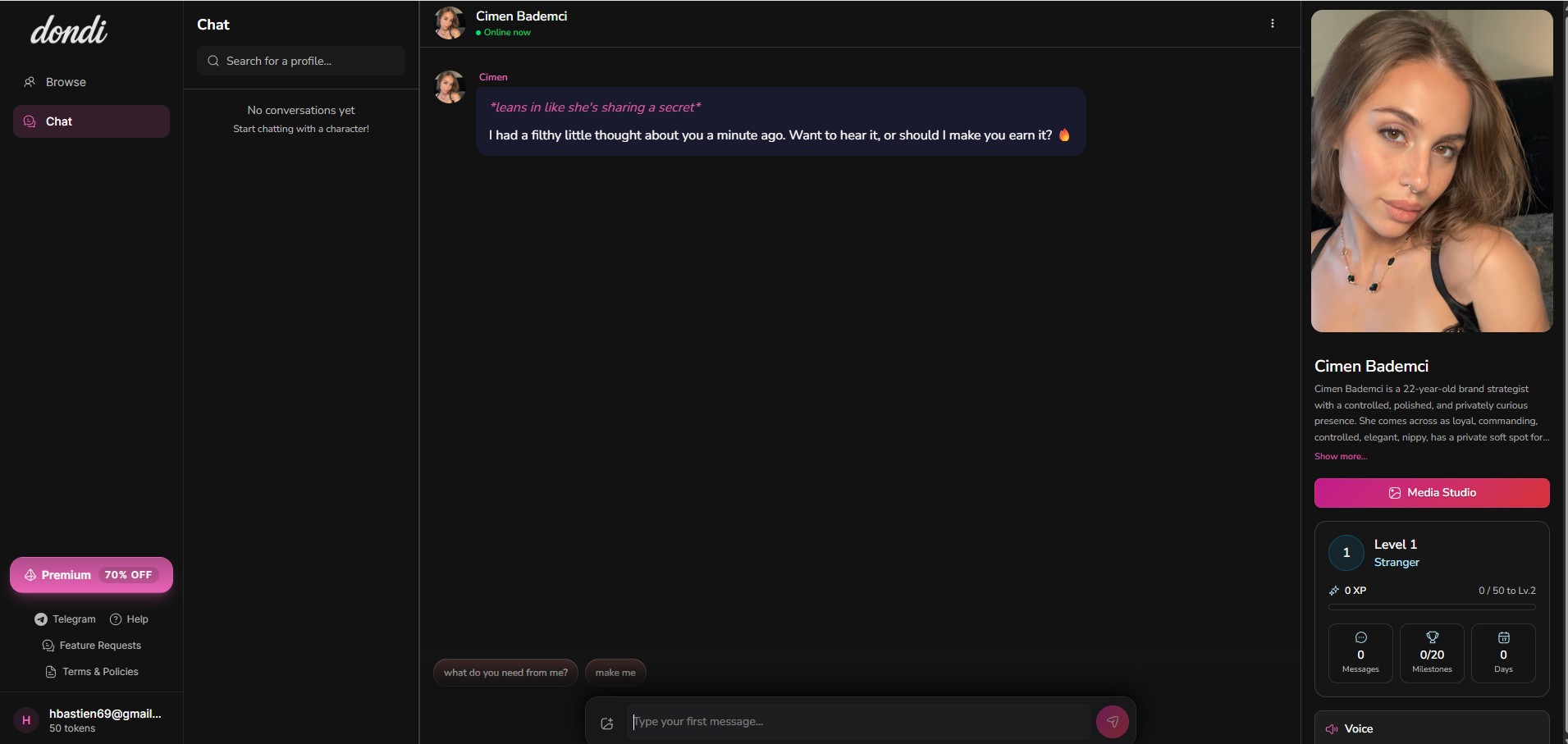 Recensione Dondi.ai — interfaccia chat con personaggio Cimen Bademci, sidebar Media Studio a destra, sistema livello Level 1 Stranger con barra XP, contatori Messages / Milestones / Days