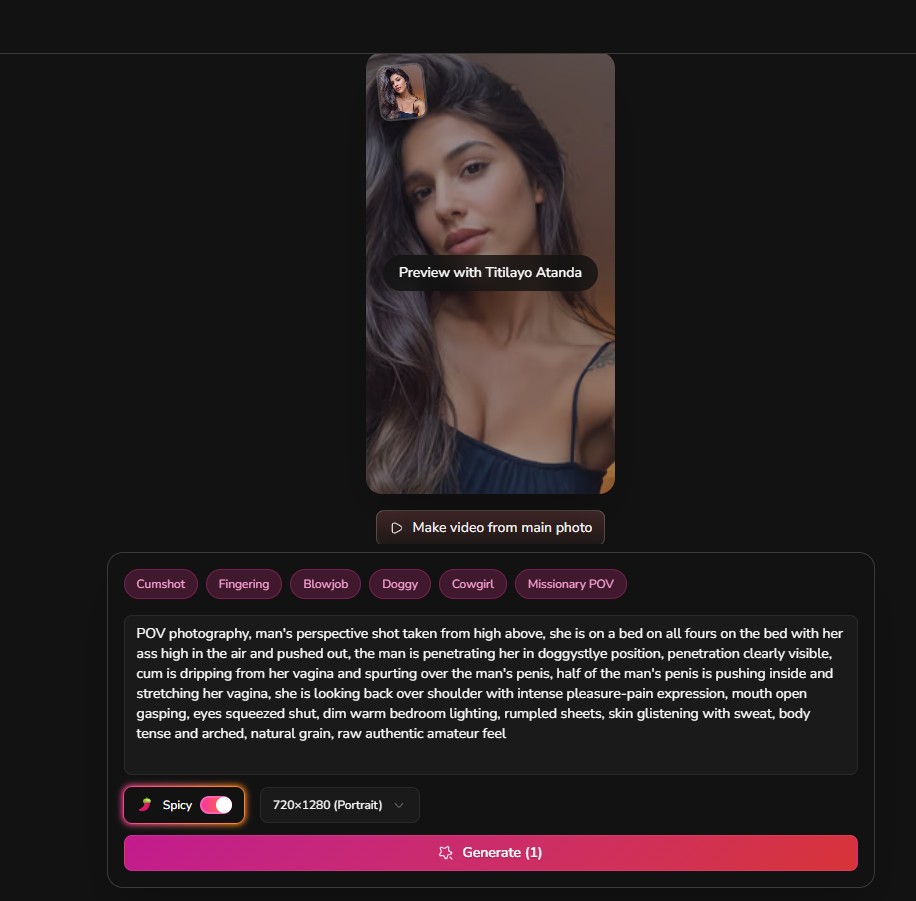 Recensione Dondi.ai — interfaccia Media Studio con generazione video, preview personaggio, tag predefiniti, prompt assistito dettagliato, toggle Spicy e pulsante Generate