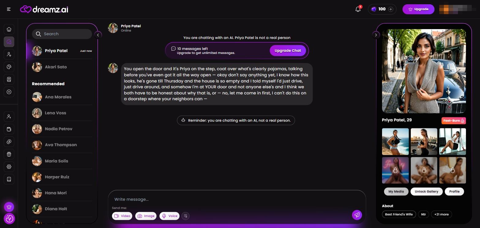 Recensione Dreamz.ai — interfaccia chat e galleria del personaggio