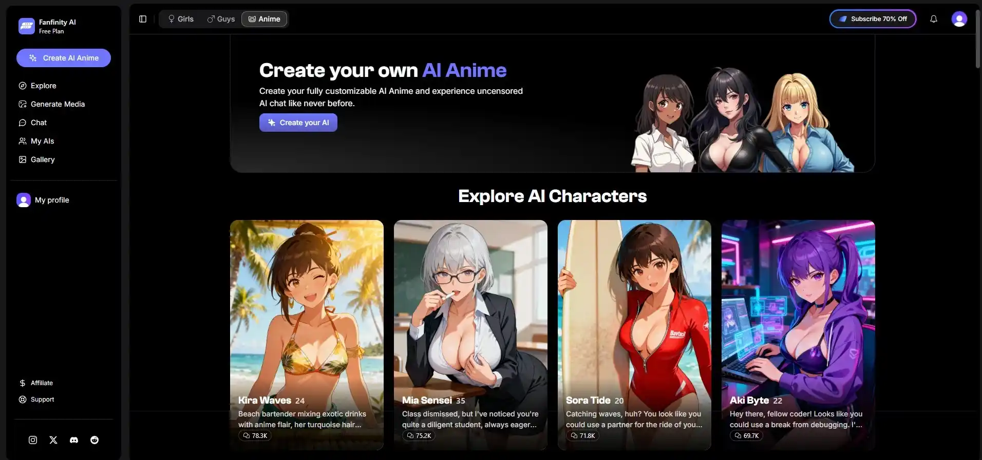 Recensione Fanfinity — interfaccia creazione AI