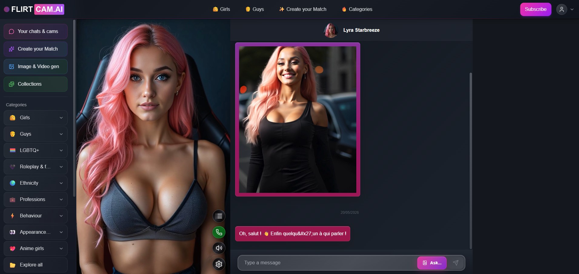 Recensione FlirtCam.AI — sidebar categorie e navigazione