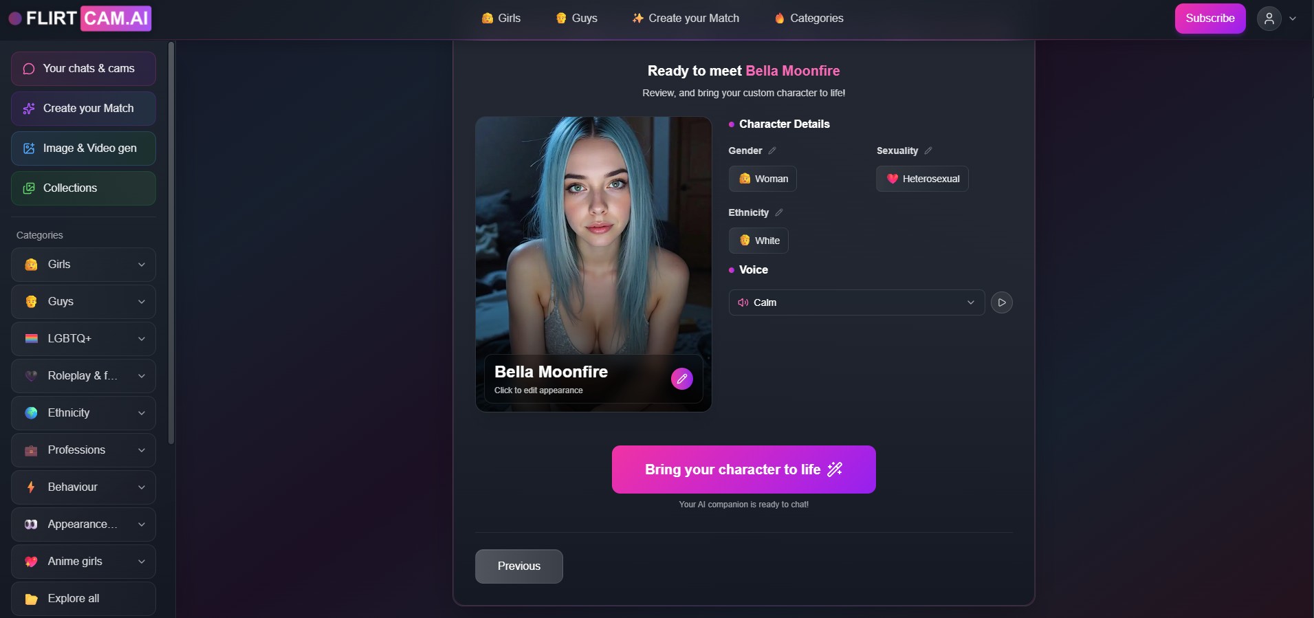 Recensione FlirtCam.AI — pagina di personalizzazione dettagliata di un personaggio