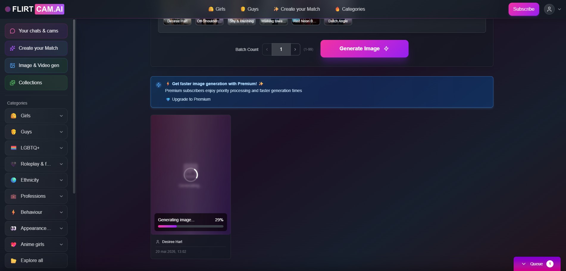 Recensione FlirtCam.AI — interfaccia di generazione immagine nella chat
