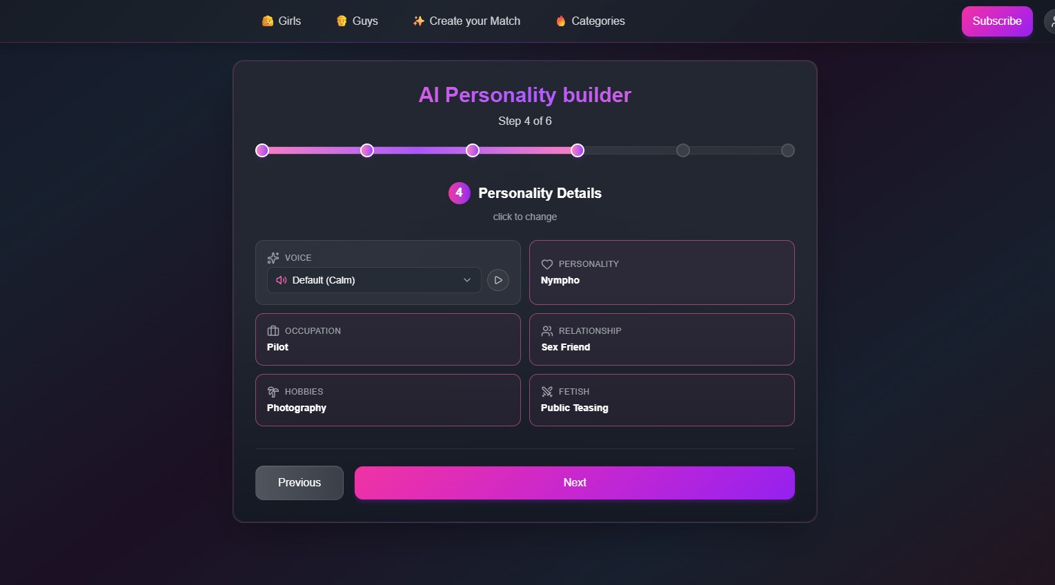 Recensione FlirtCam.AI — AI Personality builder step 4 di 6: personalità, occupazione, relazione, hobby, fetish