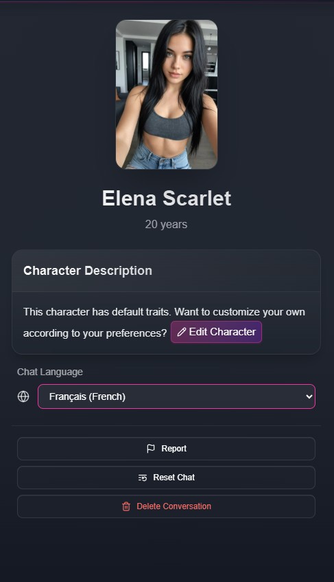 Recensione FlirtCam.AI — selettore lingua per personaggio, italiano disponibile