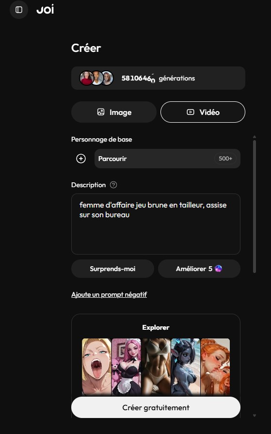 Joi AI: interfaccia creator immagini, modalità Immagine selezionata