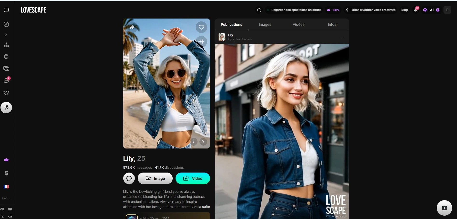 Recensione Lovescape — scheda Lily pagina Insta con 573k messaggi