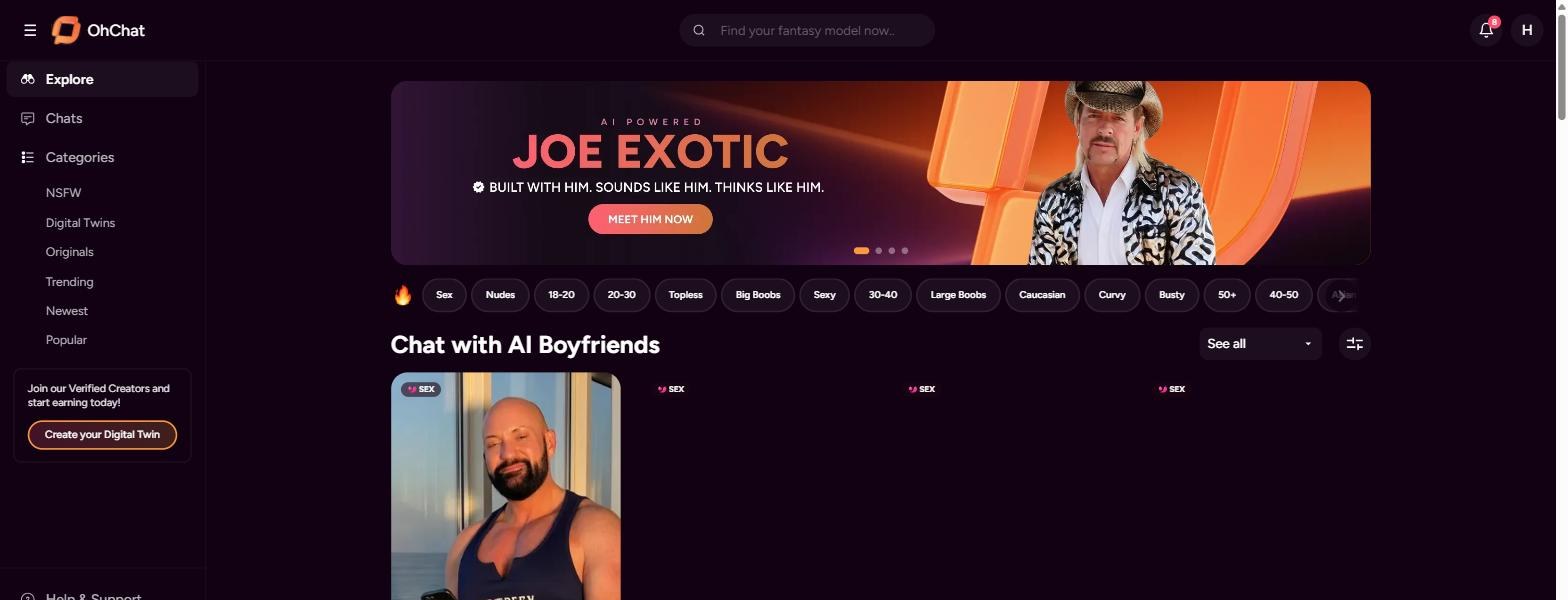 OhChat recensione — il toggle Female/Male: un catalogo di companion maschili "AI Boyfriends"