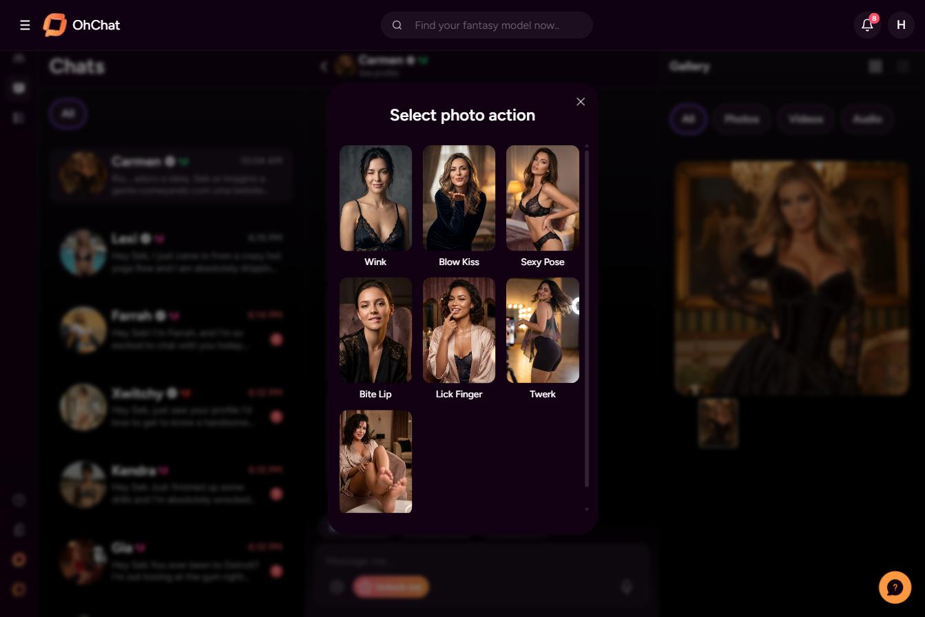 OhChat recensione — generazione foto per azioni preimpostate (Wink, Blow Kiss, Sexy Pose…)