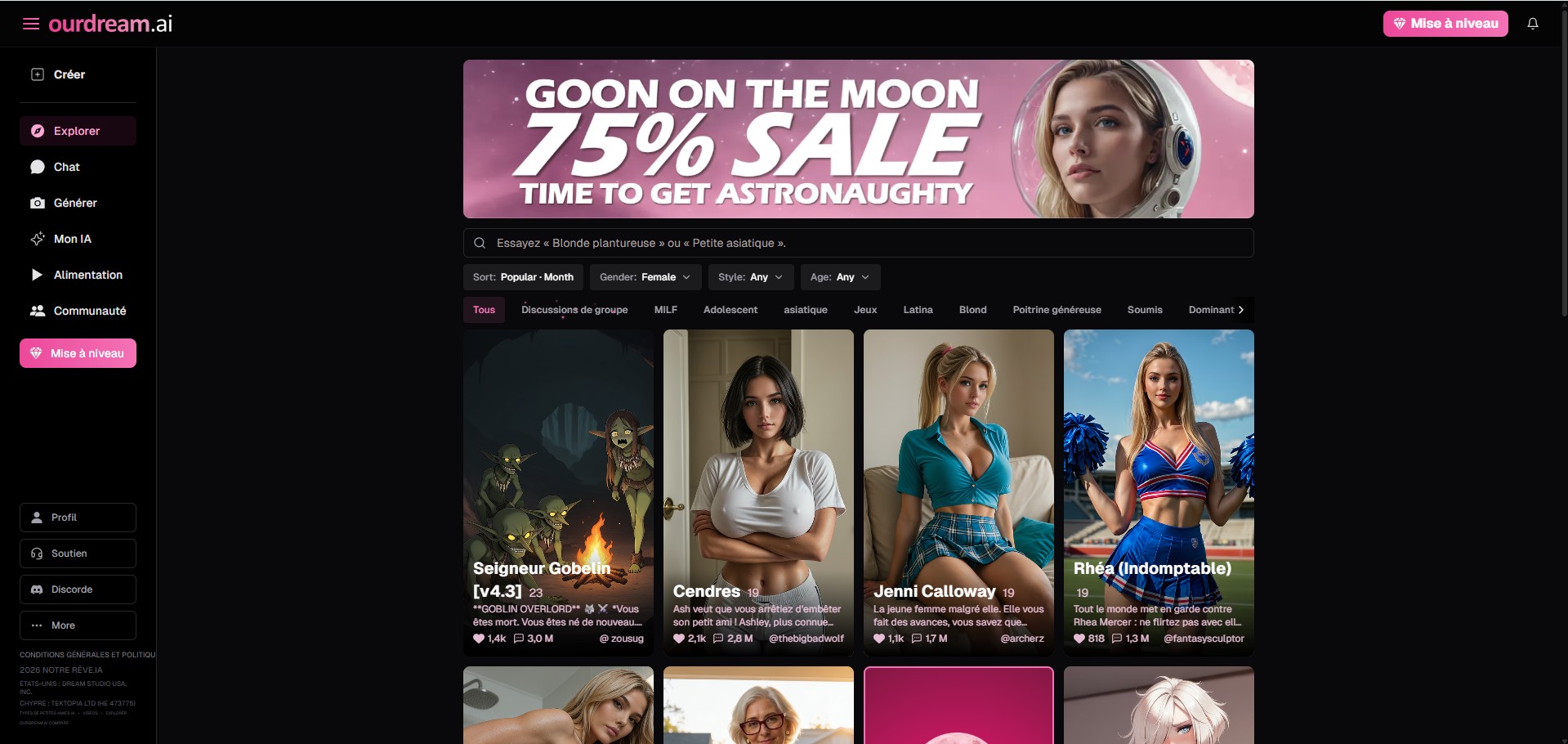 Recensione OurDream AI — pagina Esplora community di creator