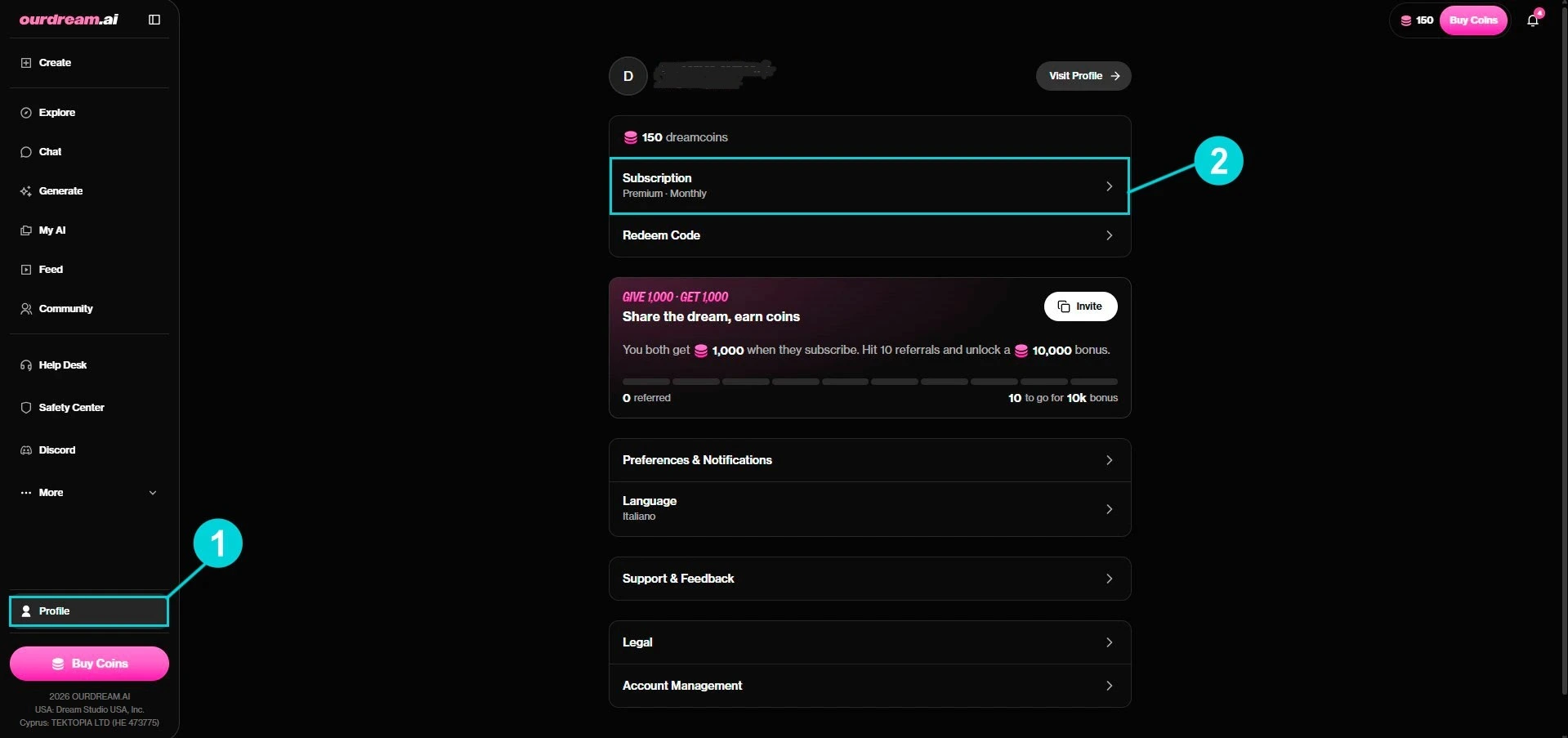 OurDream AI: pagina profilo, accesso alla card Subscription