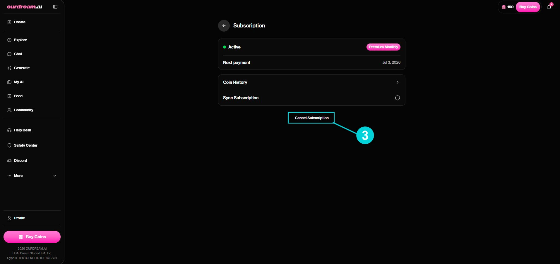 OurDream AI: pagina Subscription, pulsante Cancel Subscription