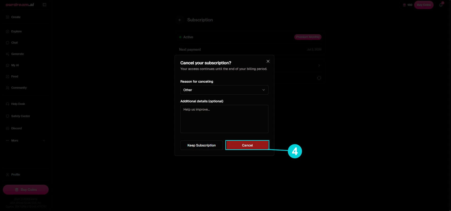 OurDream AI: finestra di conferma Cancel your subscription