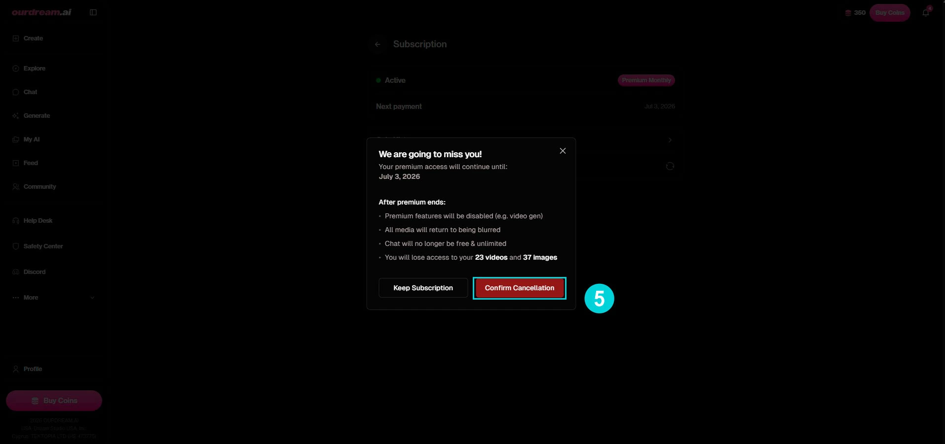 OurDream AI: riepilogo di fine abbonamento e Confirm Cancellation