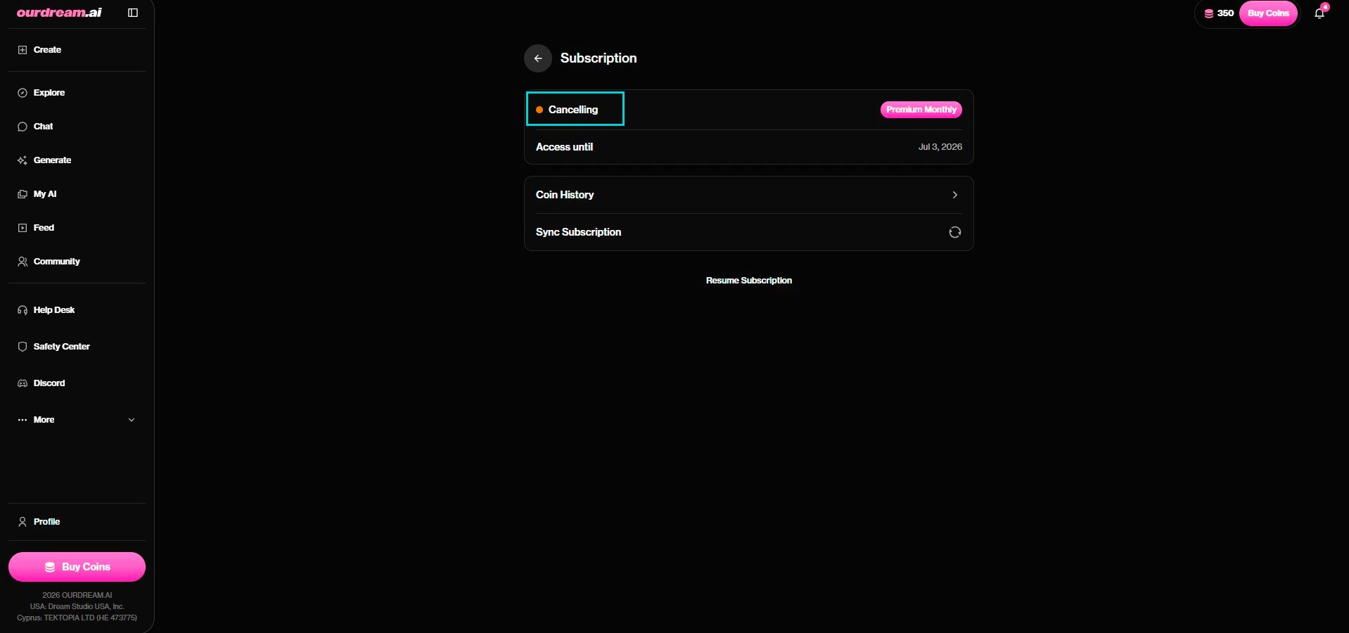 OurDream AI: stato Cancelling, accesso fino alla data, Resume Subscription