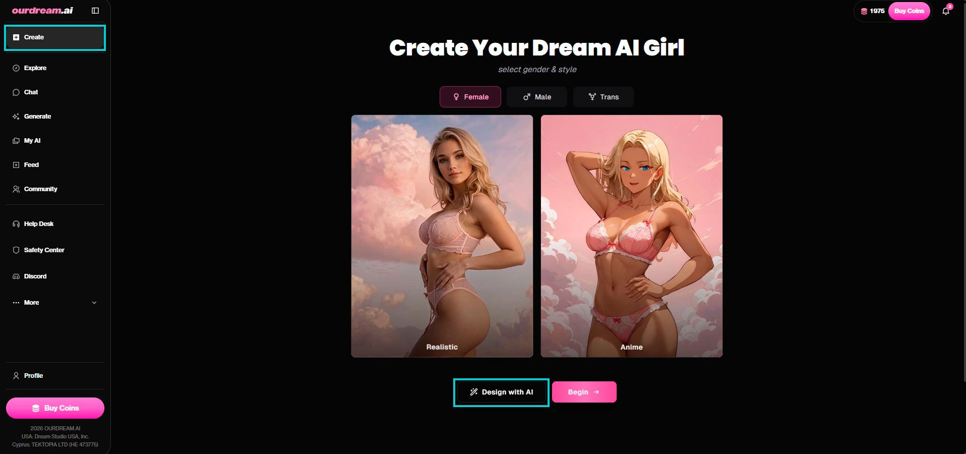 OurDream AI: pagina Create Your Dream AI Girl, pulsante Design with AI