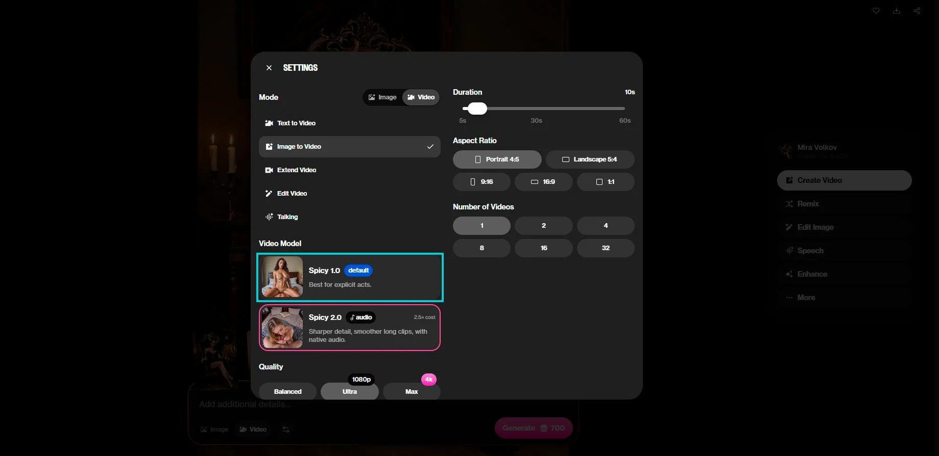 OurDream AI: impostazioni video — durata, modello Spicy, qualità
