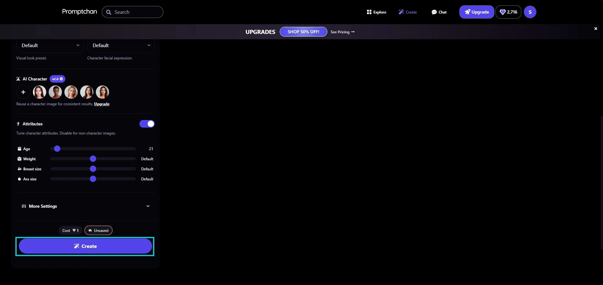 Promptchan: sezione AI Character e cursori Attributes (età, fisico), pulsante Create