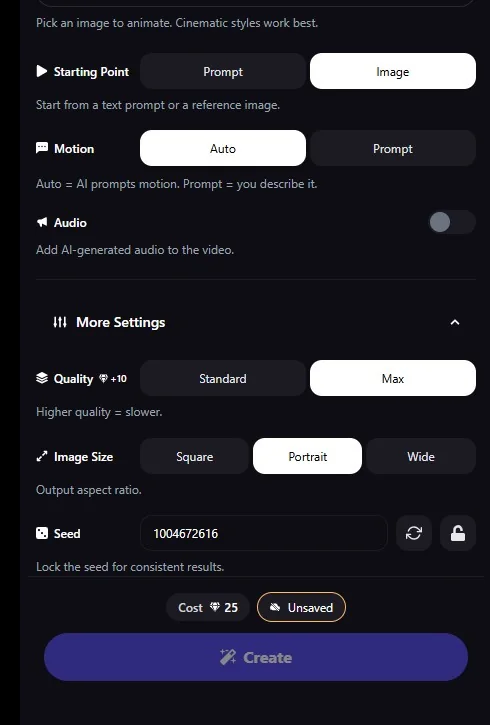 Promptchan: pannello Animate — Starting Point, Motion, Audio, Quality, Image Size, Seed e costo in Gems
