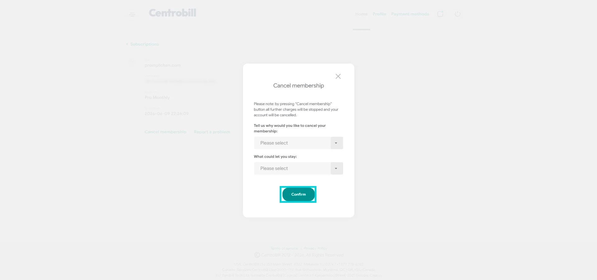 Centrobill: pop-up Cancel membership, pulsante Confirm
