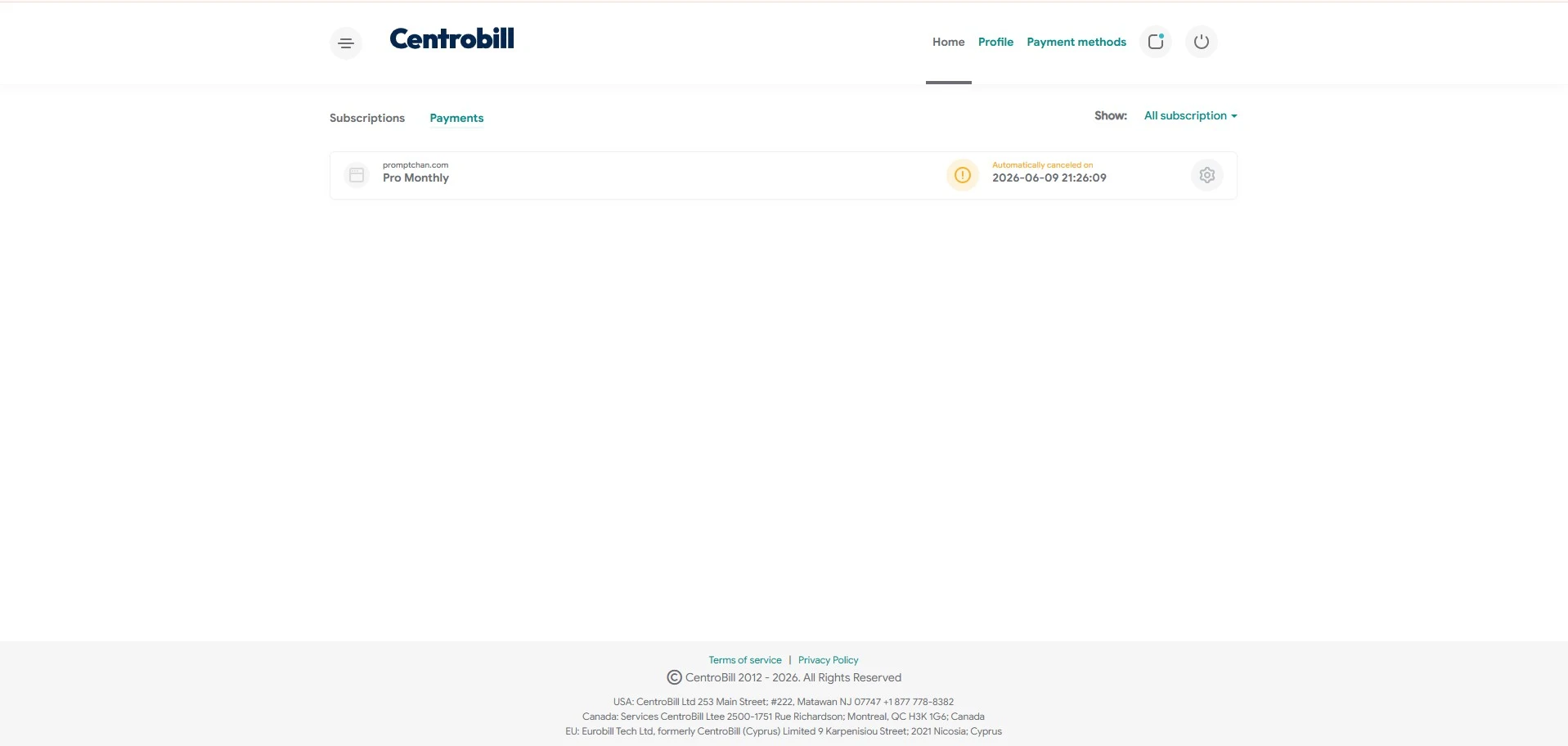 Centrobill: abbonamento Automatically canceled on, disdetta confermata