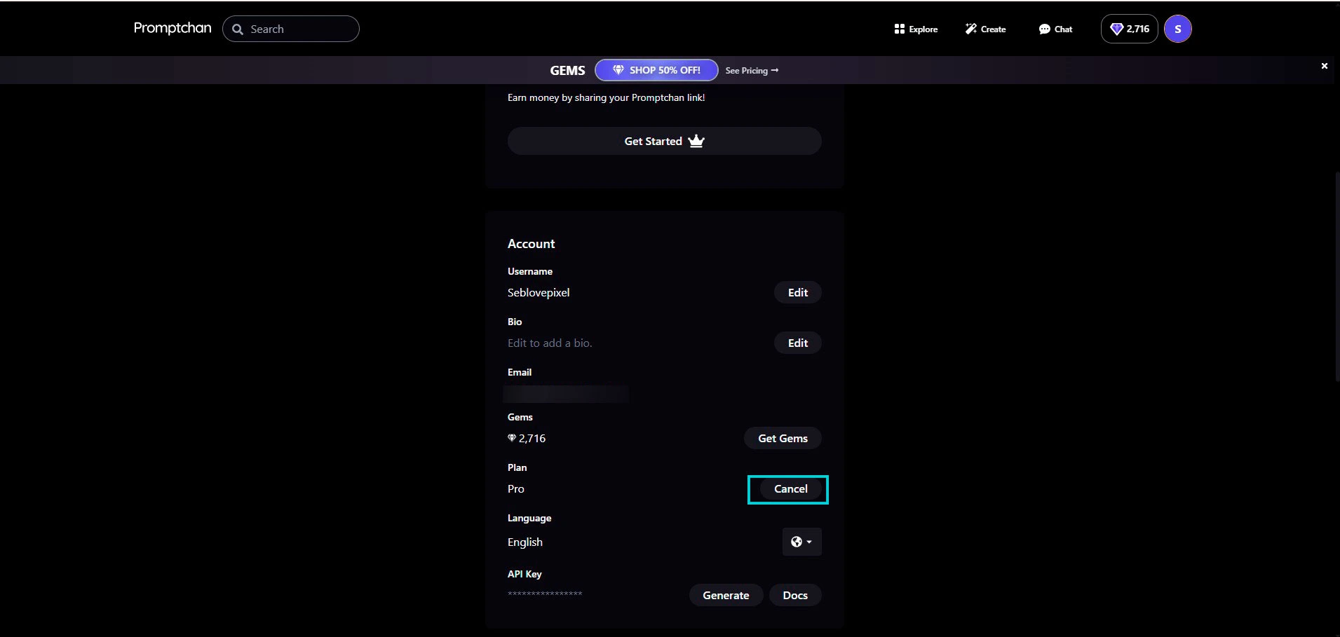 Promptchan: sezione Account, pulsante Cancel di fianco al piano Pro