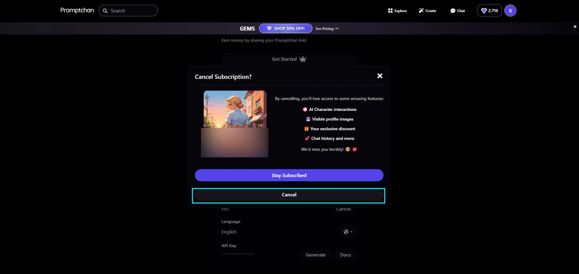 Promptchan: pop-up Cancel Subscription, cosa perdi disdicendo