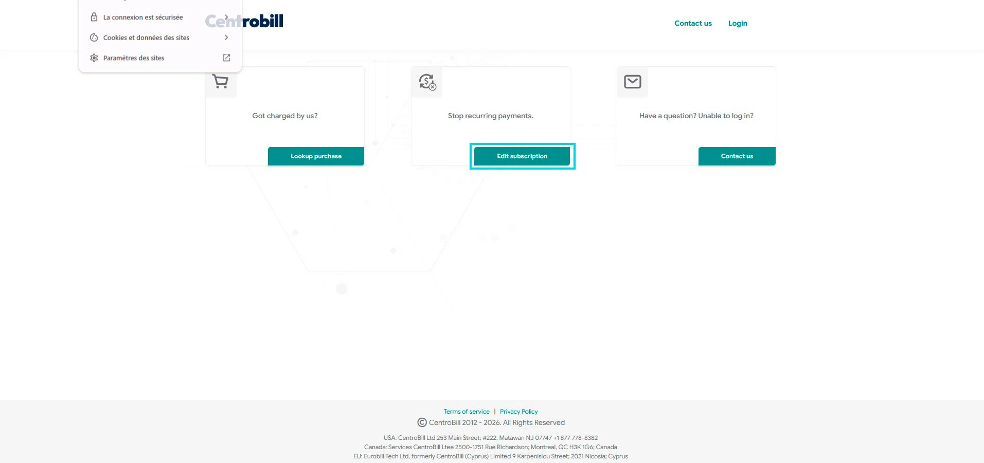 Centrobill: Stop recurring payments, pulsante Edit subscription