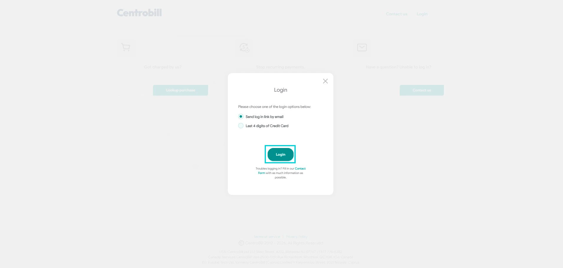 Centrobill: scelta del metodo di accesso (link email o ultime 4 cifre carta)