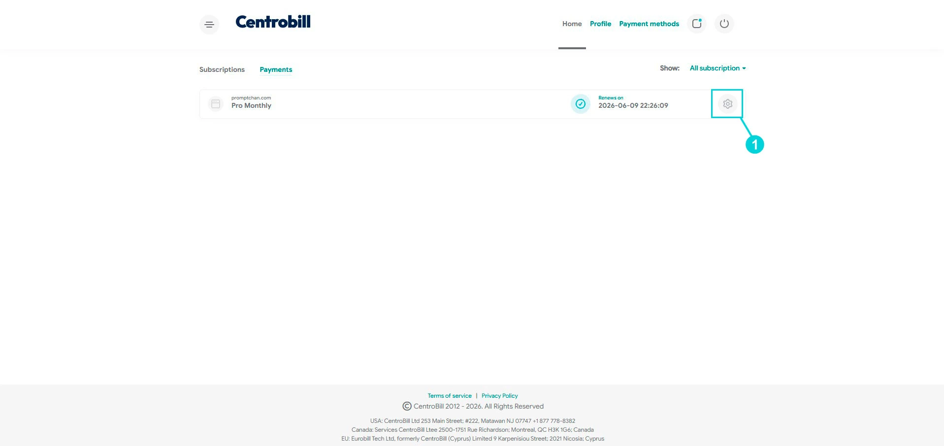 Centrobill: abbonamento promptchan.com Pro Monthly, icona impostazioni