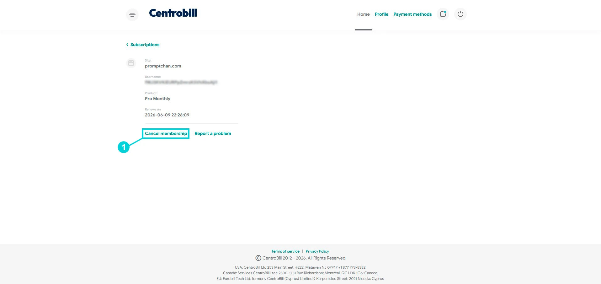 Centrobill: scheda abbonamento, link Cancel membership