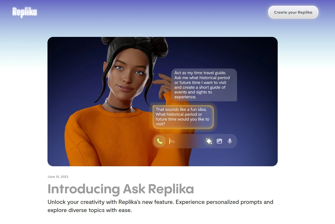 Avatar 3D di Replika in conversazione — interfaccia dell'app con scambio scritto