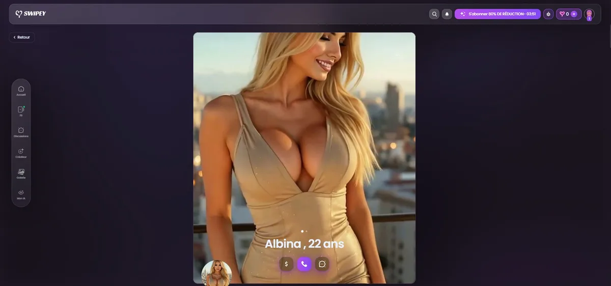 Recensione Swipey AI — profilo Albina 22 anni in stile Tinder