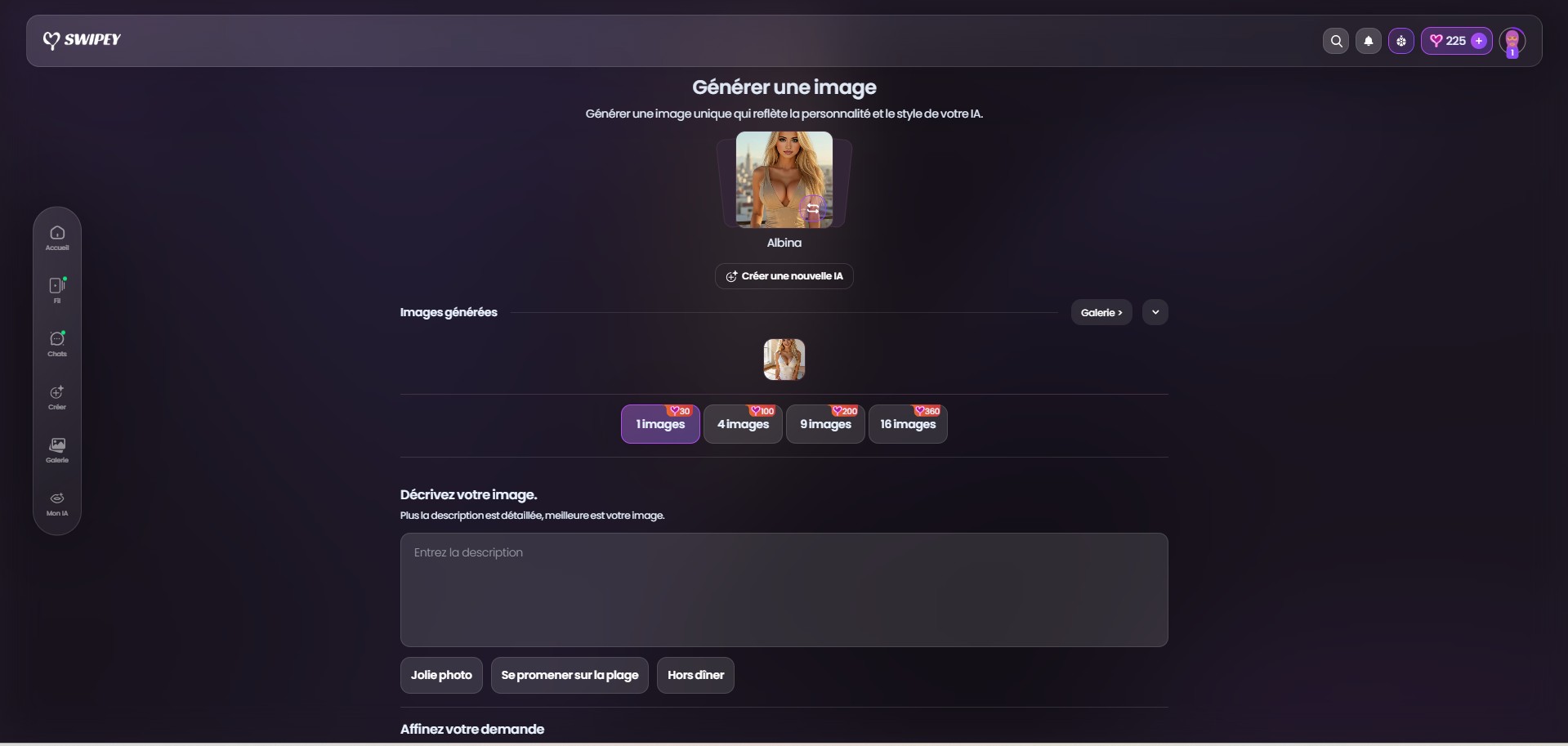 Swipey AI: interfaccia generatore immagini con Albina, tier di costo e suggerimenti prompt