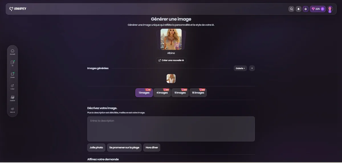 Swipey AI: interfaccia generatore immagini con Albina, tier di costo e suggerimenti prompt