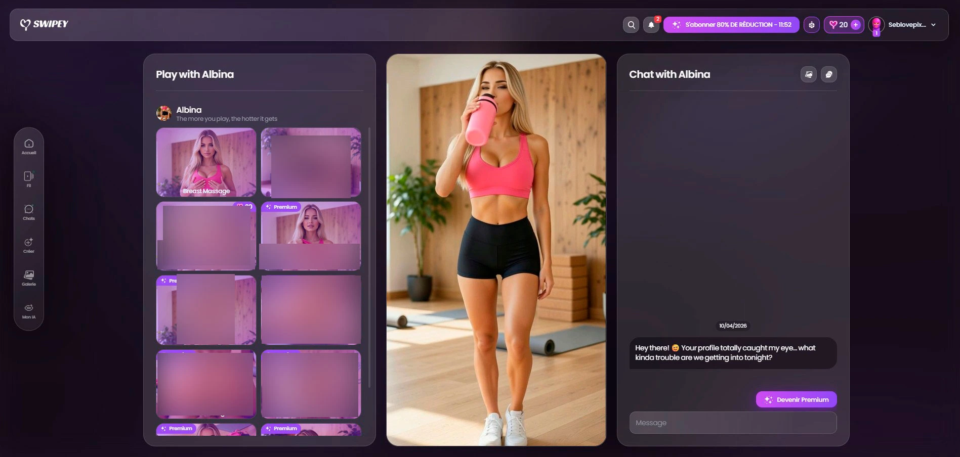 Albina Swipey AI — cattura del suo profilo nell'app, formato Tinder