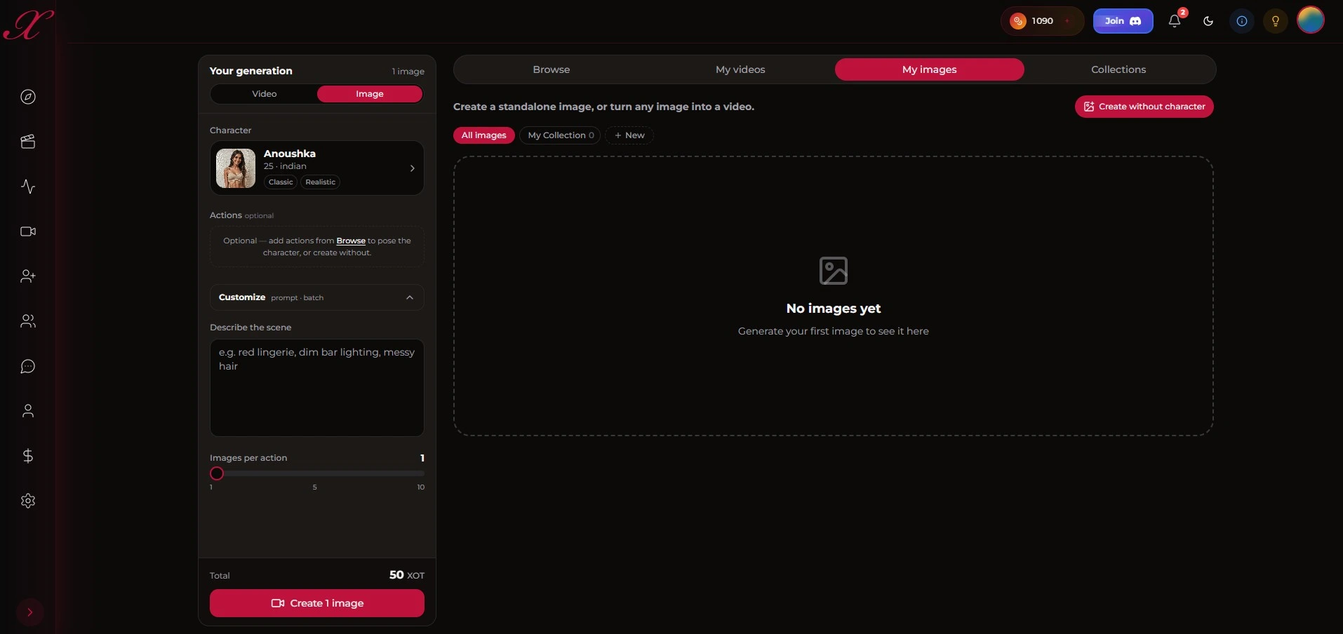 Xotic AI: interfaccia generatore di immagini, scheda My images selezionata