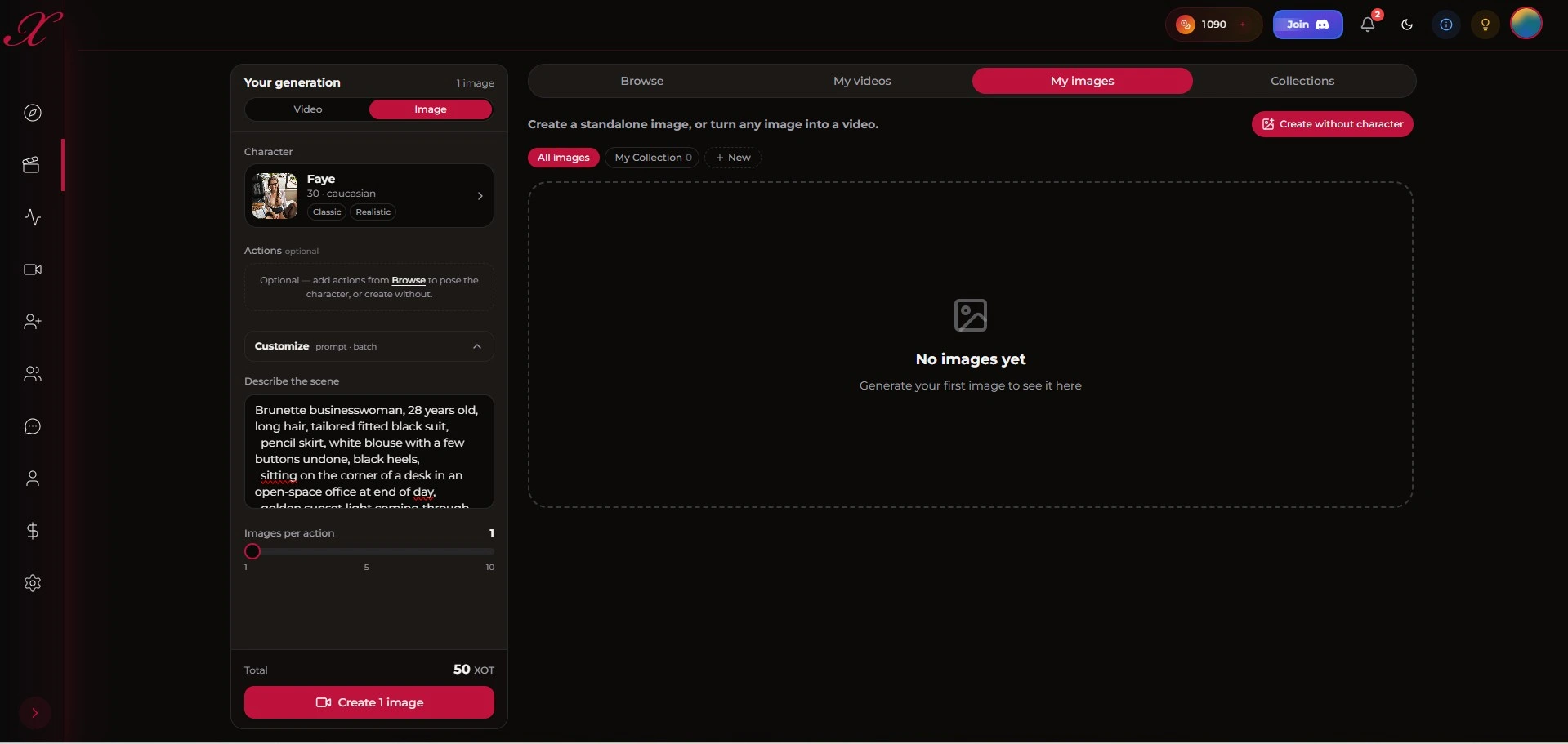 Xotic AI: configurazione immagine con personaggio Faye e prompt dettagliato di businesswoman
