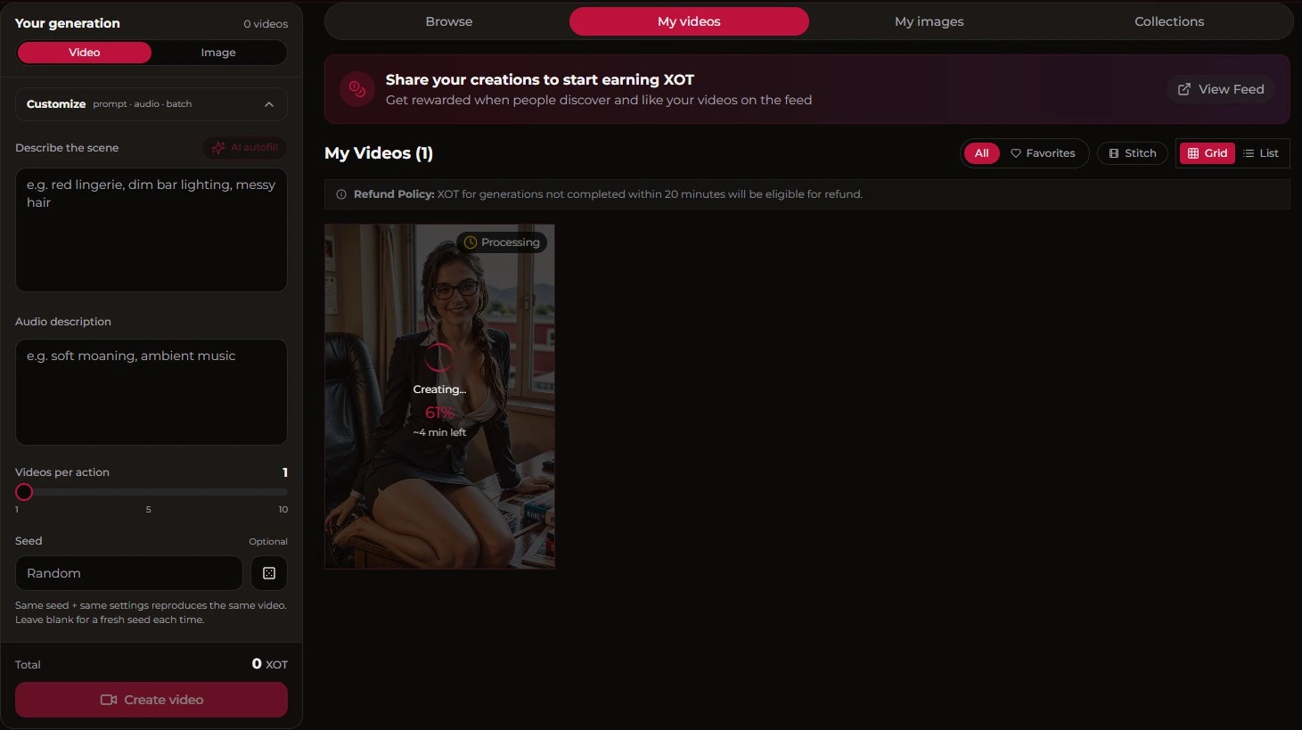 Xotic AI: interfaccia generazione video con audio description, seed e refund policy